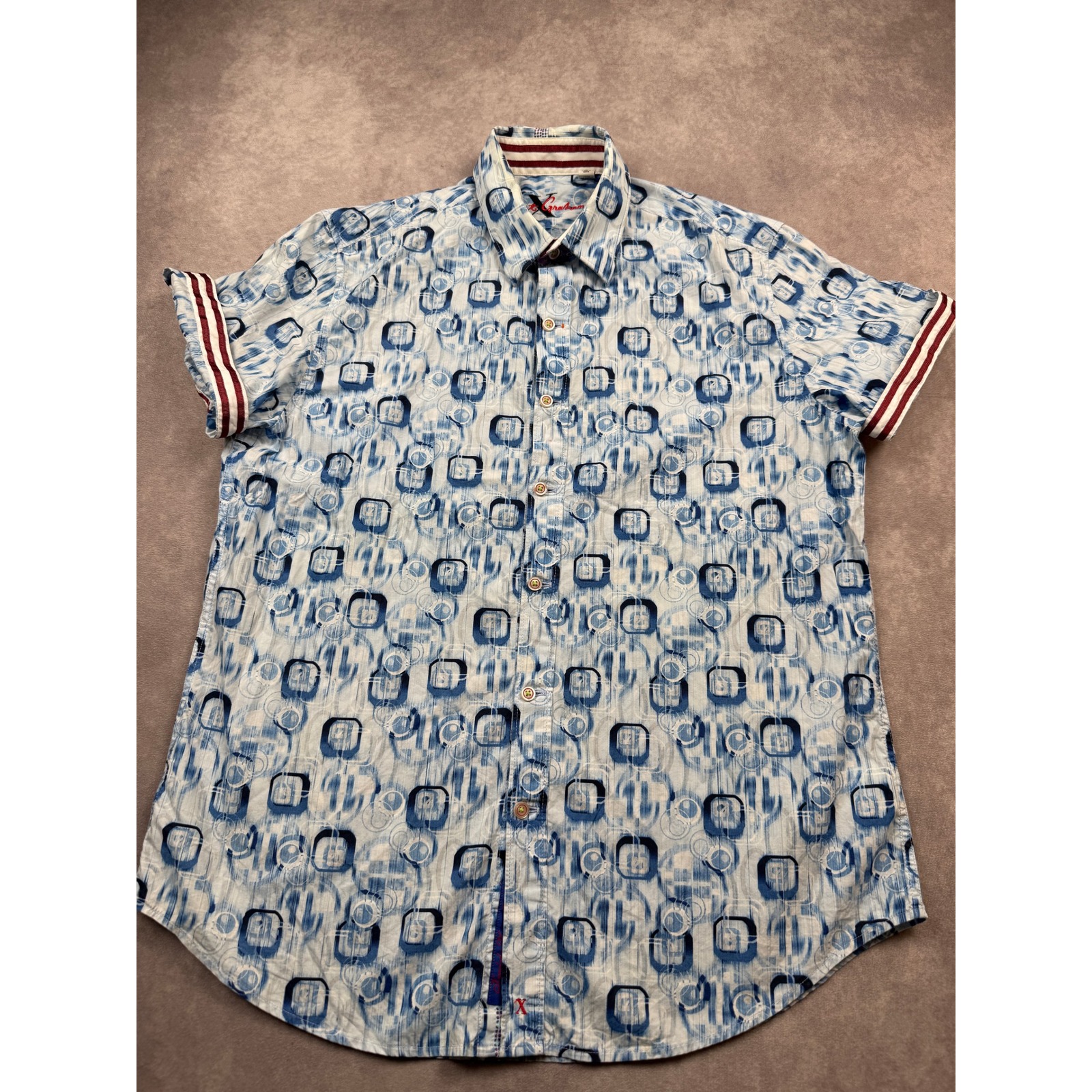 Robert Graham Mens L Blue White Abstract Print Short Sleeve Button Up Shirt Camp